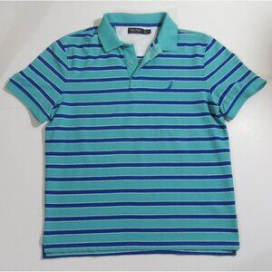 Nautica Men's Polo Shirt Green and Blue Striped EUC Size Large